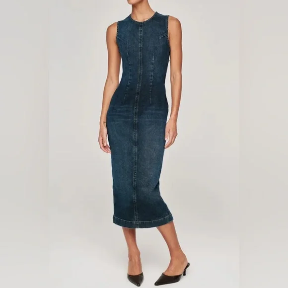 White House Black Market Blue Stretch Denim-Midi Dress- Size 8 - Picture 1 of 8